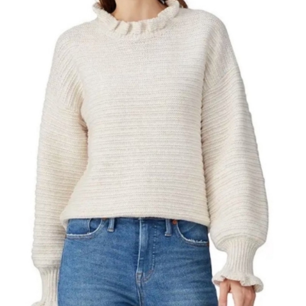 Madewell Cream Merino Wool Blend Ruffle Collar Ribbed Sweater